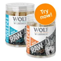 Wolf of Wilderness MINI freeze-dried snack jars, RAW salmon fillet and RAW chicken fillet, visible wolf image on labels, orange badge with text Try now!