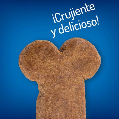 Texto visible: ¡Crujiente y delicioso! sobre una galleta en forma de hueso para mascotas.