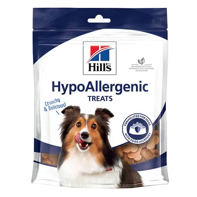 HypoAllergenic treats packaging showing 'Crunchy & Delicious', no added artificial preservatives, flavours or colours, and formulated for dogs.