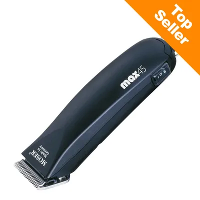 Tondeuse MOSER max45, texte visible : Made in Germany, bouton marche/arrêt, mention Top Seller en haut à droite sur fond orange.