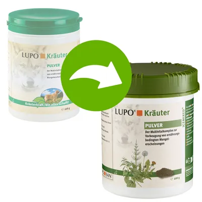Verpackungsänderung: LUPO Kräuter Pulver, Multivitalkomplex zur Vorbeugung von ernährungsbedingten Mangelerscheinungen, 600 g. Neue und alte Dose abgebildet.