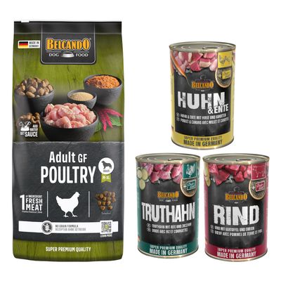 Belcando Adult Dinner, sac 15 kg et assortiment de 6 boîtes 400 g pour chien, texte visible : Pack gourmand. Emballages avec photo de chien et noms des variétés sur les boîtes.