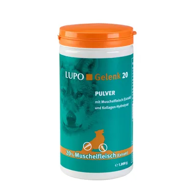 Συσκευασία LUPO Gelenk 20 Pulver, 20% Muschelfleisch (Extrakt), με Kollagen-Hydrolysat, καθαρό βάρος 1.000 g. Κείμενο στη γερμανική γλώσσα.