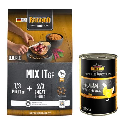 Pack gourmand Belcando : sac Mix It GF 3 kg pour chien adulte et boîte Single Protein Huhn Pure Chicken 400 g. Texte visible : Super Premium Quality, No Grain Formula.