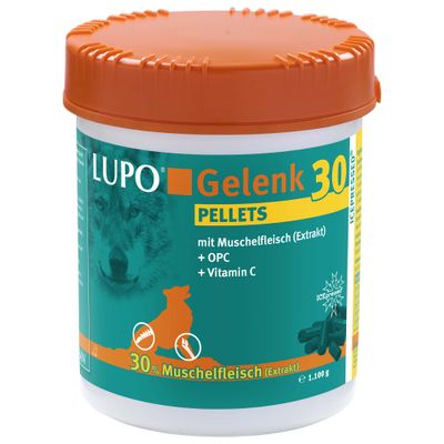 LUPO Gelenk 30 pellets med muskelkødsekstrakt, OPC og C-vitamin. 30% muskelkødsekstrakt. Indhold: 675 g.