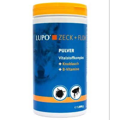 LUPO Zeck + Floh прах, комплекс от хранителни вещества с чесън и B-витамини, 1000g. Изображение на кърлеж и бълха върху опаковката.