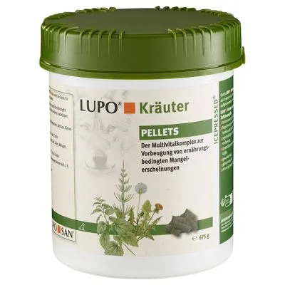LUPOSAN Kräuter Pellets, Der Multivitalkomplex zur Vorbeugung von ernährungsbedingten Mangelerscheinungen, 675 g. Tekst op verpakking deels in het Duits.