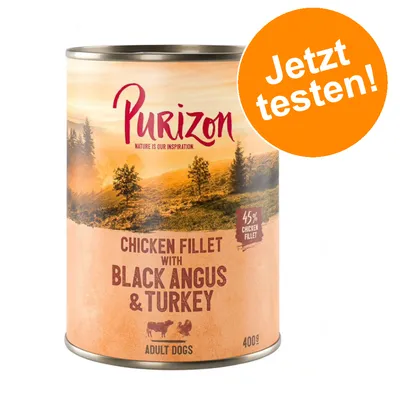 Purizon Chicken Fillet mit Black Angus & Turkey, 45% Hühnerfilet, für erwachsene Hunde, 400g. Orange Kreis mit Text: Jetzt testen!