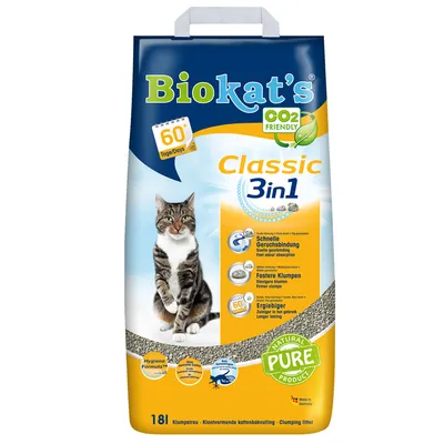Biokat's Classic 3in1 kissanhiekka, CO2 Friendly, 60 päivää, 18 l. Pakkauksessa näkyy kissa ja tekstit: Schnelle Geruchsbindung, Festere Klumpen, Ergiebiger. Natural Pure Product.