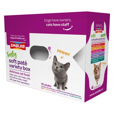 Smølke Tasty Soft Paté Variety Box, cat food with superfood ingredients. 16 pieces in flavours: beef, chicken, turkey, duck with game, freshwater fish.