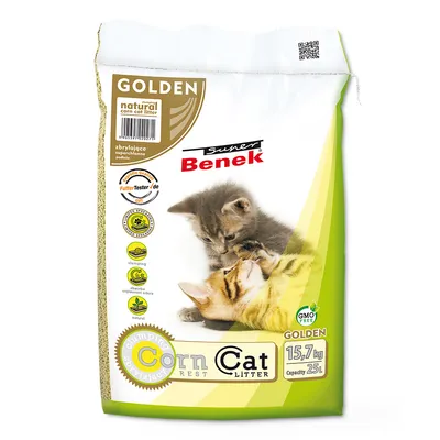 Super Benek Golden Corn kissanhiekka, 15,7 kg, luonnollinen maissialusta, paakkuuntuva, GMO-vapaa, imee hajuja, palkittu FutterTester.de.