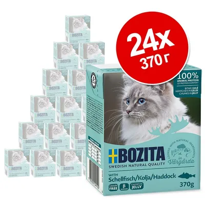 Bozita хапки в желе с коля за котки, 24×370 г. Видими са опаковките и надпис: 100% animal protein, grain free, B glucan, chunks in jelly.