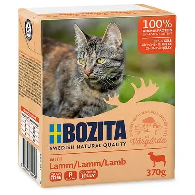 Bozita comida para gatos con cordero, 370g. 100% proteína animal, sin cereales, trozos en gelatina. Elaborado con ingredientes naturales en Vårgårda, Suecia.