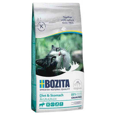 Bozita Diet & Stomach kattmat med älg, 88 % animaliskt protein, spannmålsfri, 2 kg. Swedish Natural Quality, tillverkad i Vårgårda sedan 1903.