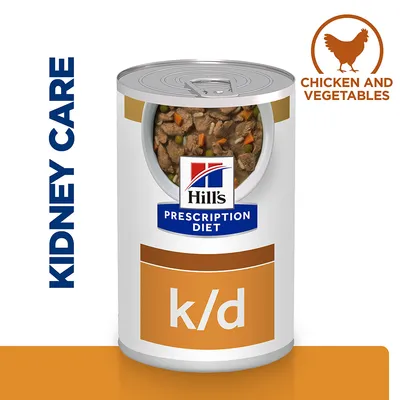 Kidney care food with chicken and vegetables, Hill's Prescription Diet k/d shown on can label.