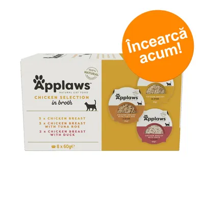 Applaws Natural Cat Food Chicken Selection in broth, 8 x 60g: 3x piept de pui, 3x piept de pui cu icre de ton, 2x piept de pui cu rață. Text promoțional: Încearcă acum!