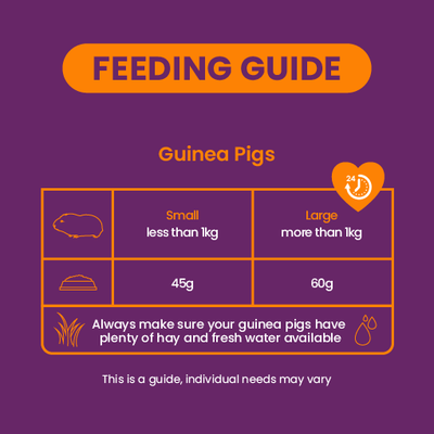 Feeding recommendation for guinea pigs: under 1 kg 45 g, over 1 kg 60 g. Always provide hay and fresh water. The quantities given are guidelines.