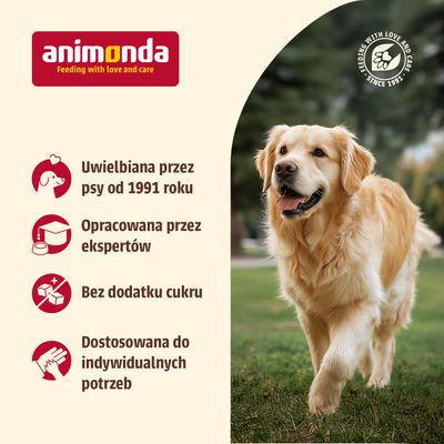 animonda. Karmienie z miłością i troską. Ulubione przez psy od 1991 roku, opracowane przez ekspertów, bez dodatku cukru, dostosowane do indywidualnych potrzeb.