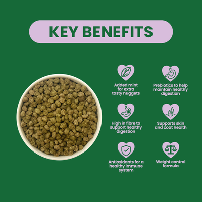 Key Benefits: Added mint for extra tasty nuggets, prebiotics to help maintain healthy digestion, high in fibre to support healthy digestion, supports skin and coat health, antioxidants for a healthy immune system, weight control formula.