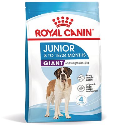 Royal Canin Junior Giant 8 do 18/24 miesięcy, masa ciała dorosłego powyżej 45 kg, silny układ odpornościowy, 2. etap wzrostu: rozwój mięśni, 4 etapy.