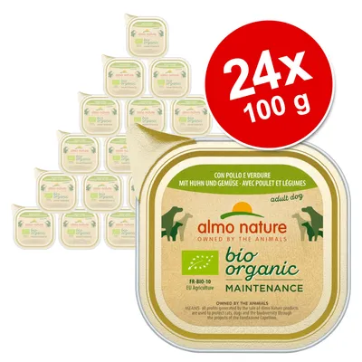 almo nature bio organic maintenance adult dog, 24 x 100 g, z kurczakiem i warzywami. Widoczny certyfikat FR-BIO-10 EU Agriculture na opakowaniu.