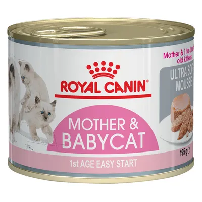 Blik Royal Canin Mother & Babycat 1st Age Easy Start, ultra soft mousse, 195 g. Afbeelding van kittens en productnaam zichtbaar op het etiket. Blik Royal Canin Mother & Babycat 1st Age Easy Start, ultra soft mousse, 195 g. Afbeelding van kittens en productnaam zichtbaar op het etiket.
