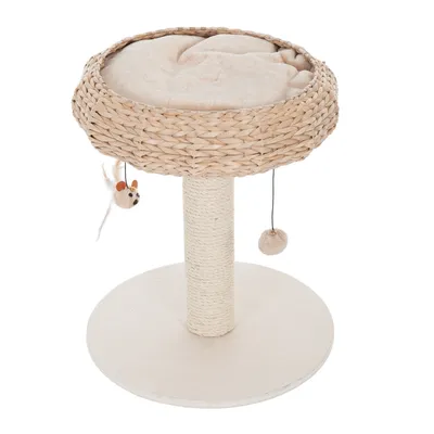 Raised woven basket with soft cushion, supported by a sisal-wrapped post on a round base. Two hanging toys are attached beneath the basket.