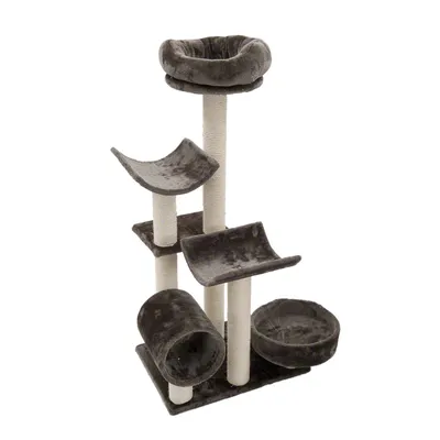 Multi-level scratching post with several platforms, a tunnel, and two round beds. Features sisal-wrapped posts for climbing and scratching.