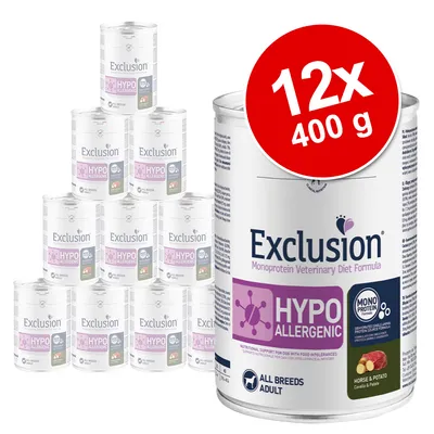 Exclusion Hypoallergenic Monoprotein Veterinary Diet Formula, άλογο & πατάτα, 12x 400g κονσέρβες για όλες τις φυλές σκύλων. Υποστηρίζει σκύλους με τροφικές δυσανεξίες.