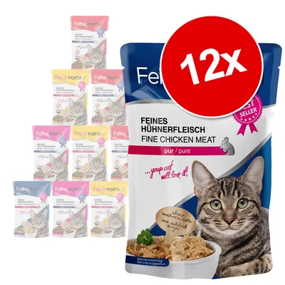 Feline Porta 21 kattefoder, 12 poser. Synlige varianter: Feines Hühnerfleisch, Whole Tuna Fillet. Tekst: pur/pure, no added sugar, ...your cat will love it!, BEST SELLER.