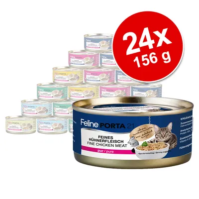 Feline Porta 21 finom csirkehús, kiegészítő eledel macskáknak. Csomag: 24 db 156 g-os konzerv. Hozzáadott cukor nélkül.