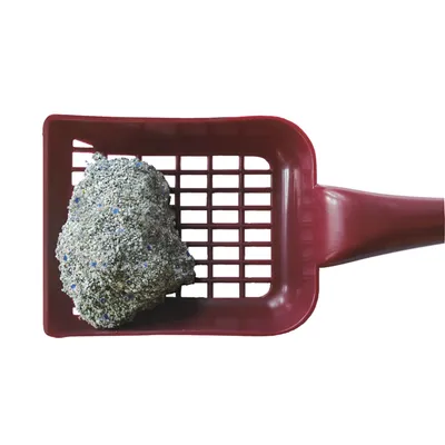 Pelle à chat rouge avec des agglomérats de litière, adaptée pour retirer les déchets du bac à litière.