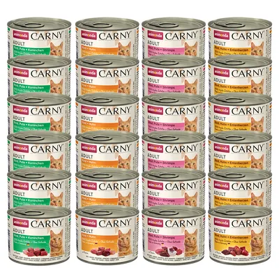 Animonda Carny Adult kattmat, olika sorter: nötkött, kalkon + kanin, nötkött, kalkon + räkor, nötkött, kyckling + ankhjärtan. Utan spannmål, utan tillsatt socker.