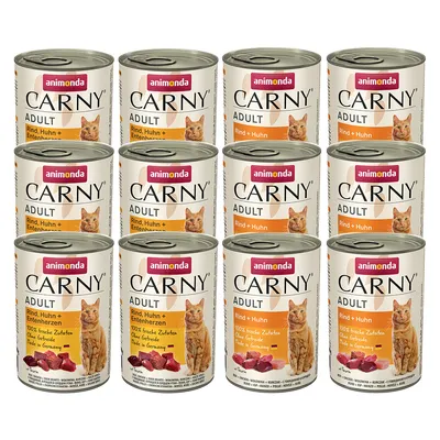 Animonda Carny Adult manzo, pollo e cuori d'anatra. 100% ingredienti freschi, senza cereali, Made in Germany. 12 lattine di cibo per gatti adulti.