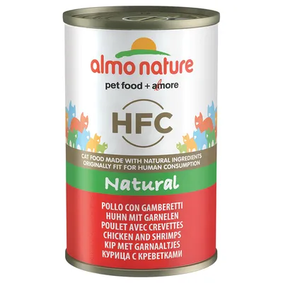 Lata de comida para gatos Almo Nature HFC Natural, frango com camarão. Texto visível: 'cat food made with natural ingredients originally fit for human consumption'.