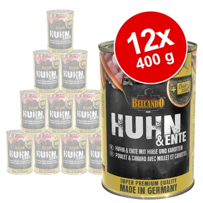 Belcando Huhn & Ente dog food, 12 x 400g cans. Visible text: Huhn & Ente mit Hirse und Karotten, Super Premium Quality, Made in Germany, Chia Saat.
