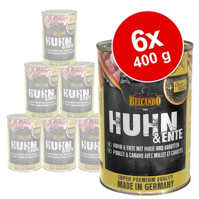 Pack de 6 latas de 400 g Belcando Huhn & Ente, comida húmeda para perros. Texto visible: 'Super Premium Quality Made in Germany', 'Chia saat', ingredientes en alemán y francés.