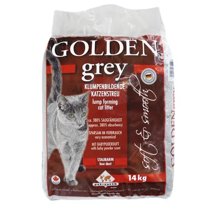 Litière pour chat GOLDEN grey, 14 kg, texte visible : lump forming cat litter, approx. 380% absorbency, very economical, with baby powder scent, low dust. Litière pour chat GOLDEN grey, 14 kg, texte visible : lump forming cat litter, approx. 380% absorbency, very economical, with baby powder scent, low dust.