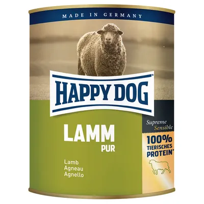 Happy Dog Lamm Pur, Supreme Sensible, 100% tierisches Protein, made in Germany. Testo: Lamb, Agneau, Agnello. Immagine di una pecora sulla confezione.