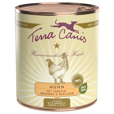 Lata de comida para perros Terra Canis Huhn, con tomate, amaranto y albahaca. Texto visible: 100 % Natur, 100 % Lebensmittelqualität, sin gluten. Etiqueta en alemán e inglés.