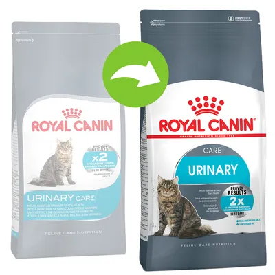 Dva pakiranja Royal Canin Urinary Care suhe hrane za mačke, prikaz promjene dizajna ambalaže. Na oba pakiranja vidljiv naziv proizvoda i slika mačke.