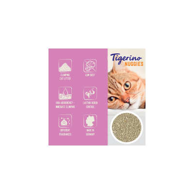 Tigerino Nuggies. Klumpende kattegrus, lavt støvniveau, høj absorberingsevne, øjeblikkelig klumpdannelse, langvarig lugtkontrol, forskellige dufte, fremstillet i Tyskland.