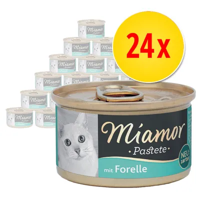Miamor Pastete mit Forelle -kissan märkäruoka, 24 purkkia. Etiketissä kissan kuva ja teksti NEU: zarter.