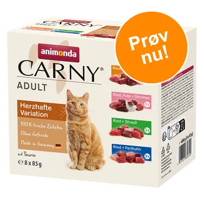 animonda Carny Adult kattefoder, Herzhafte Variation, 100 % friske Zutaten, uden korn, Made in Germany, med taurin, 8 x 85 g. Prøv nu! Rind, Pute + Shrimps, Rind + Strauß, Rind + Perlhuhn.