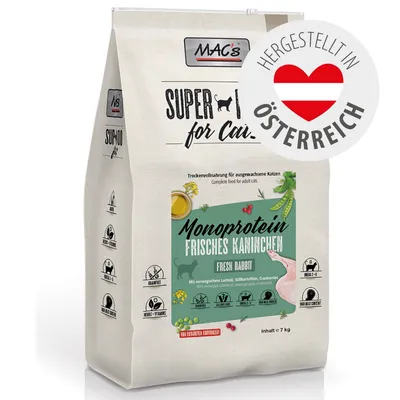 MAC's Super Food for Cats Monoprotein Frisches Kaninchen, hergestellt in Österreich, mit norwegischem Lachsöl, Süßkartoffeln und Cranberries, getreidefrei, Inhalt 7 kg. MAC's Super Food for Cats Monoprotein Frisches Kaninchen, hergestellt in Österreich, mit norwegischem Lachsöl, Süßkartoffeln und Cranberries, getreidefrei, Inhalt 7 kg.