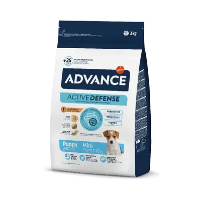 Sacchetto da 3 kg di crocchette Advance Active Defense Puppy Mini 2–10 mesi, con scritte: prebiotics, probiotics, fibres, healthy microbiota, con pollo, per cuccioli 1–10 kg. Sacchetto da 3 kg di crocchette Advance Active Defense Puppy Mini 2–10 mesi, con scritte: prebiotics, probiotics, fibres, healthy microbiota, con pollo, per cuccioli 1–10 kg.