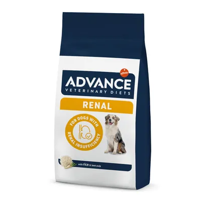 Sac Advance Veterinary Diets Renal pour chiens, texte visible : For dogs with renal insufficiency, with rice & beet pulp, image d’un chien et grains de riz sur l’emballage.
