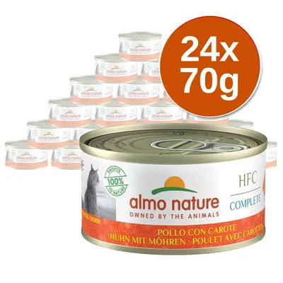 almo nature HFC Complete, 24 puszki po 70 g, smak kurczak z marchewką. Widoczny napis: PROFITS 100% TO NATURE.