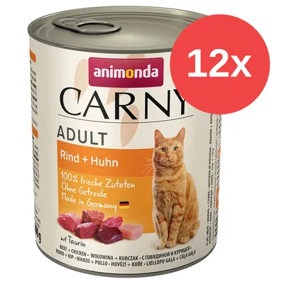 Lata de comida para gatos Animonda Carny Adult, Rind + Huhn. 100 % frische Zutaten, Ohne Getreide, Made in Germany. Pack de 12 unidades indicado en círculo rojo.