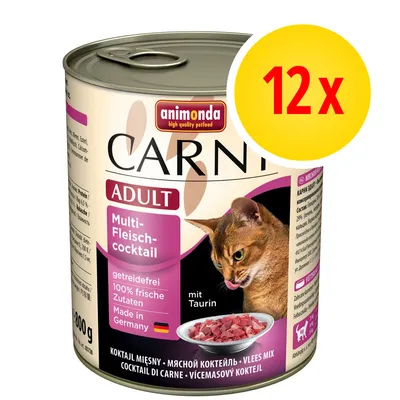 animonda CARNY ADULT Multi-Fleisch-cocktail, 12×800 g, bez obilovin, 100 % čerstvé suroviny, Made in Germany, s taurinem, obrázek kočky a misky s masem